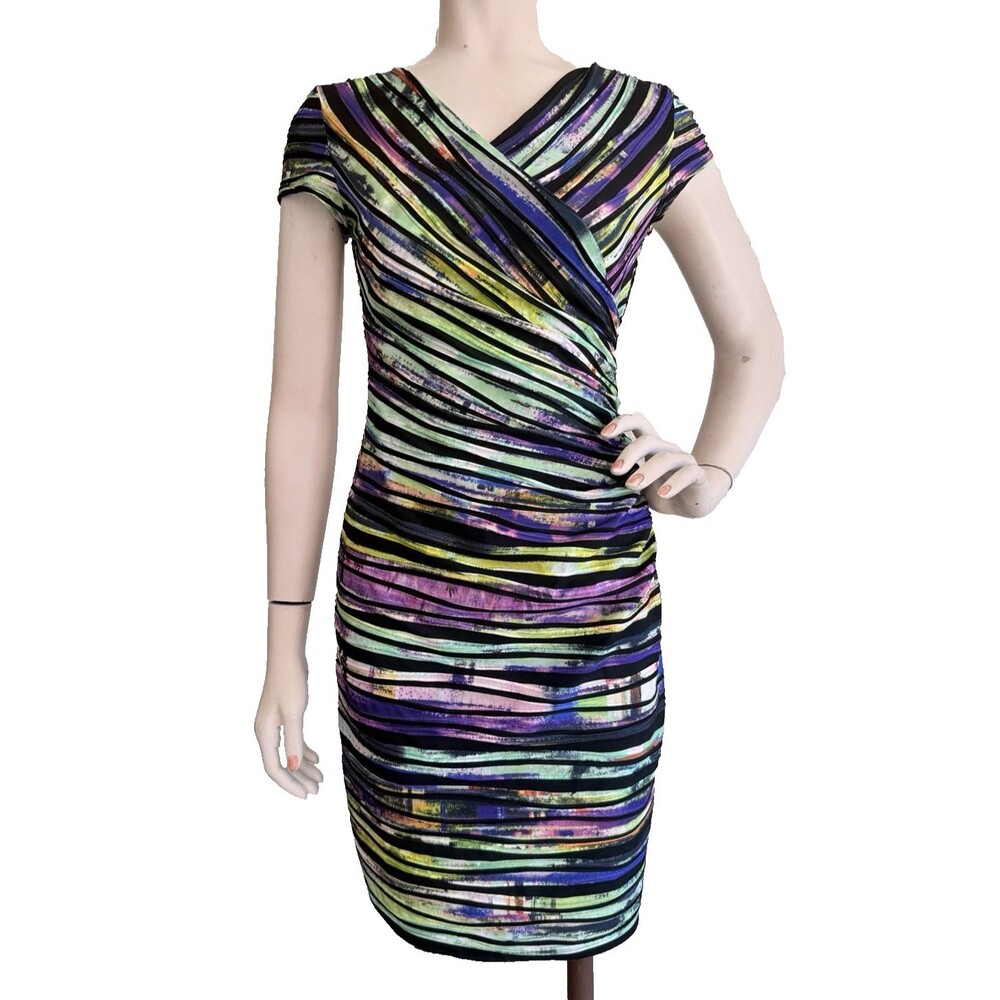 JOSEPH RIBKOFF Dress Multi Color Faux Wrap Ruched Bodycon Sheath Size US 6